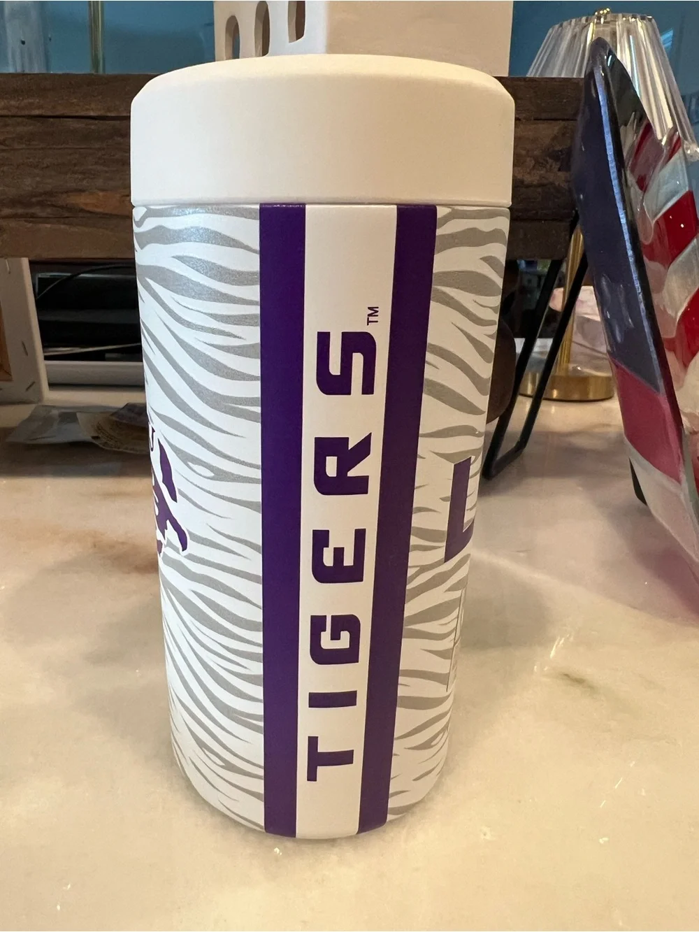 LSU Zebra Print Travel Tumbler - FrostBuddy White and Purple